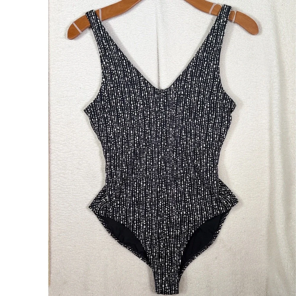Athleta‎ Seychelles One Piece Swimsuit Black White Dotted V-Neck Women Large